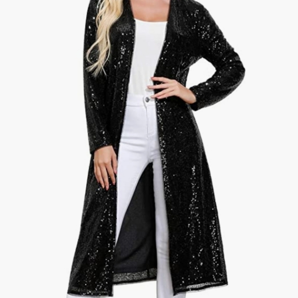 NWT Elegant Black Sequin Long Cardigan - Picture 1 of 11